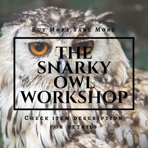 May include: Close-up of an owl with striking orange eyes and detailed feather patterns. The image features text that reads "The Snarky Owl Workshop" within a black frame, with additional text above and below.
