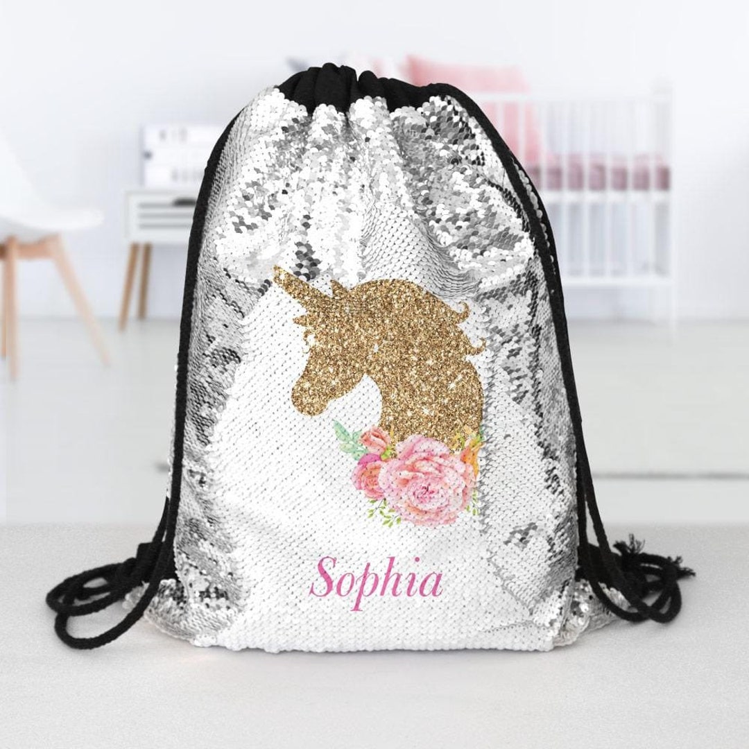 Gold Unicorn Personalized Kids Flip Sequin Drawstring Bag | Custom ...