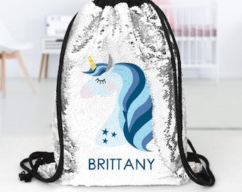 Blue Unicorn Custom Kids Flip Sequin Drawstring Backpack