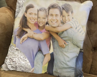 SEE Bulk Order Flash Sale - Family photo sequin mermaid pillowcase with personalized image reversible,  fun decorative pillow