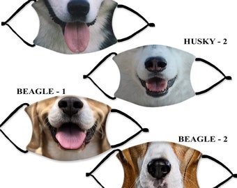 your Husky and Beagle DOG MASKS with 2 Filters optional. Nose Wire included.  Adult Face Mask - Designed and finished in USA