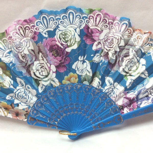 Elegant, Beautiful Design Hand Fan, Hand Held Fan, Chinese Style Fan, Roses Floral Design, 6 Colors, Silver Thread Accents (Fan 159-164)