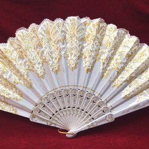 Elegant, Beautiful Design Hand Fan, Hand Held Fan, Wedding, Bride, Embossed Fan, White with Unique Gold Designs in 6 Patterns (Fan 139-144,)