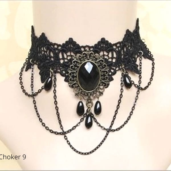 Elegant, Beautiful Black Lace Chokers, Bracelet, Earrings, Anklet, Gothic, Evening Attire,  10 Unique Styles, Lace & Jewel Accents (CH 9-25)