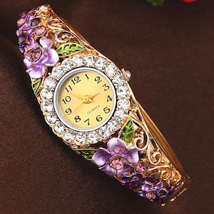 Elegant Wrist Watch, Beautiful Style Face, Bracelet Cuff Style in Enamel Flowers & Gold Tone, Rhinestone Accents, 6 Colors, Quartz (W 36-41)