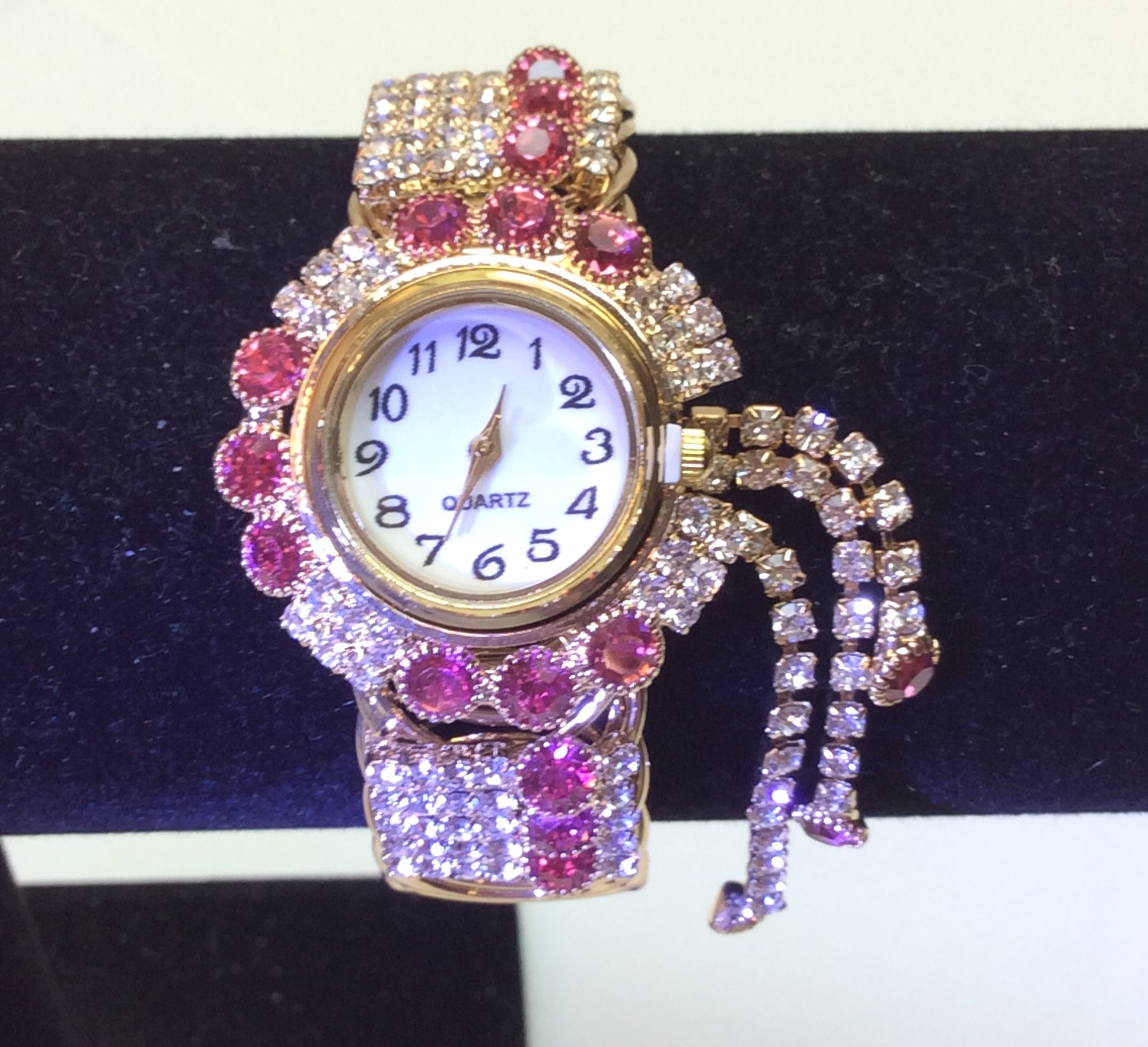 Elegant Wrist Watch Beautiful Style Face Bracelet Cuff Style in Crystal Jewels Gold Tone Rhinestone Accents 5 Colors Quartz W 23 27 Etsy Canada