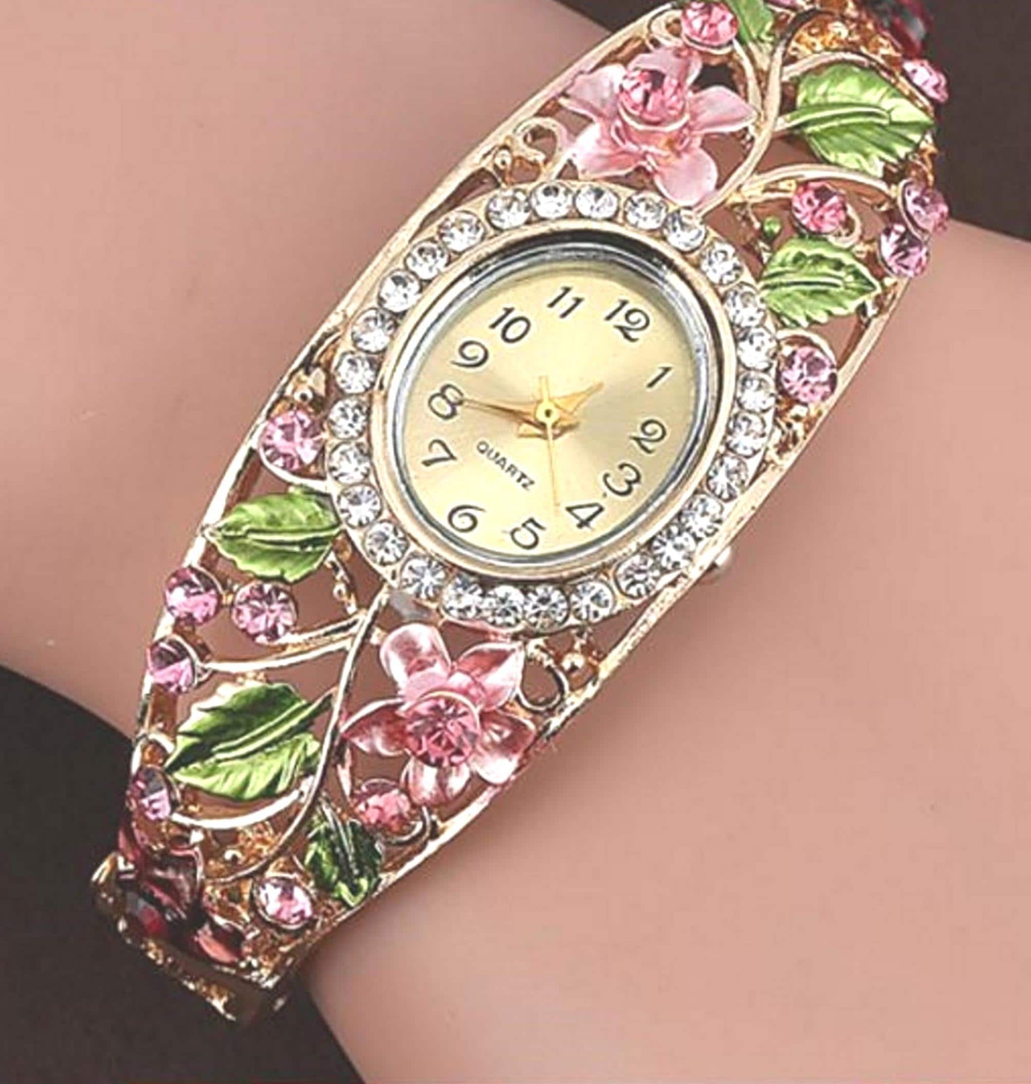 Beautiful Floral citrus, rhinestone cuff style bracelet watch. Floral Cuff Watch - Etsy main image 4