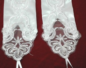 Lace Bridal Gloves, White Satin Fingerless Medium Length, Pearl Wedding Accessory.  Check listing for additional colors, styles and designs.