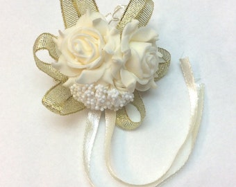 Elegant, Beautiful Wrist Corsage, Accessory for Bride, Beach Wedding, Bridesmaids, Wedding, Mother, Grandmother, Ivory, Gold Ribbon  (WC19)