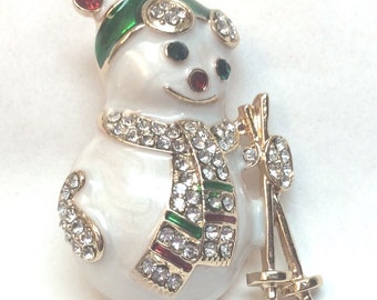 Elegant, Beautiful Brooch, Lapel, Scarf Pin, Holiday Jeweled Skiing Snowman with Jewel and Ski Pole Accents (X 25)
