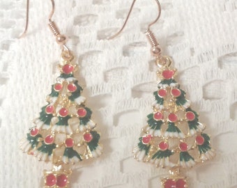 Elegant, Beautiful Earrings, Holiday Style, Christmas Tree in Red & Green, Enameled with Rhinestone Accents, Gold Tone (XER1)