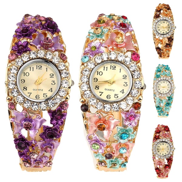 Elegant Wrist Watch, Beautiful Style Face, Bracelet Cuff Style in Enamel Flowers & Gold Tone, Rhinestone Accents, 5 Colors, Quartz (W 50-54)