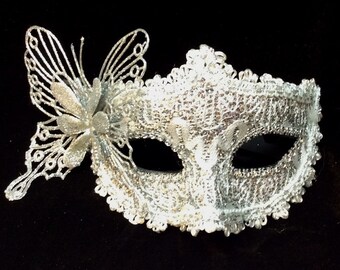 Venetian Style Mardi Gras Masquerade Mask - Ivory Brocade Lace With Clear Rhinestones