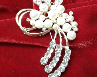 Pearl Spray Brooch, Rhinestone Accents, Gold Tone Lapel Pin.  Check listing for additional colors, styles and designs.