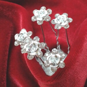 May include: Five silver hair clips with clear rhinestone flower embellishments. The flowers have a central round rhinestone surrounded by smaller rhinestones.
