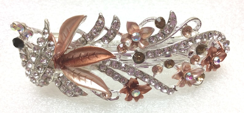 Elegant, Beautiful Hair Barrette, Bride, Bridesmaid, Wedding, Mother, 5 Color Choice, Enamel Jewel Peacock, Rhinestone Accents Bar 75-87 Peach