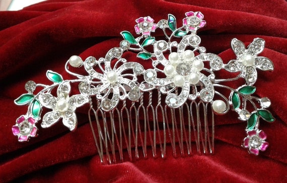 Crystal Pearl Floral Hair Comb, Rhinestone Wedding Accessory  display picture 1