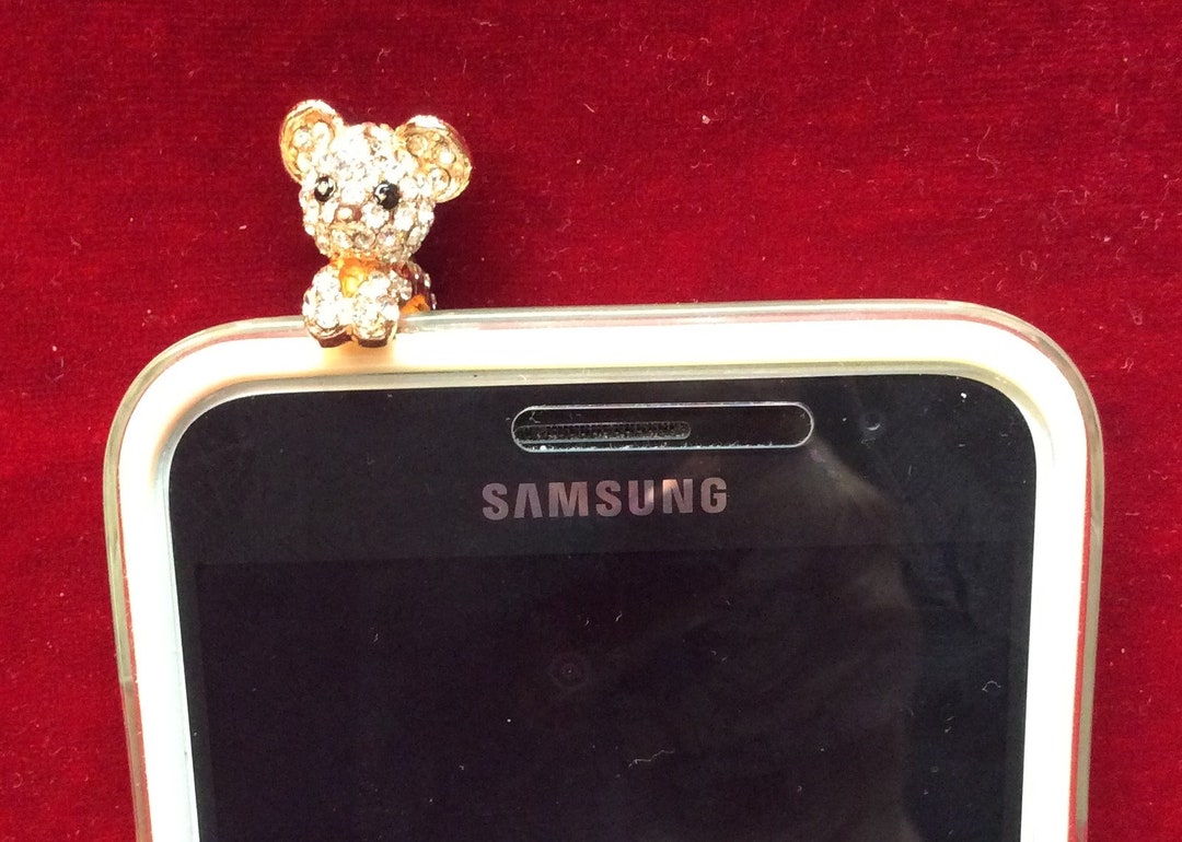Adorable Cell Phone Headphone Jack Dust Plug, Jewel Studded Sitting Cat in Gold Tone With