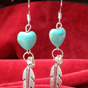 Turquoise Heart Silver Feather Dangle Earrings, Southwestern Style.  Ceck listing for additional colors, styles and dsigns.