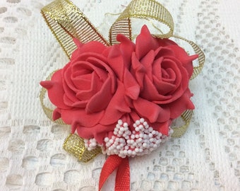 Elegant, Beautiful Wrist Corsage, Accessory for Bride, Beach Wedding, Bridesmaids, Wedding, Mother, Grandmother, Red, Gold Ribbon  (WC20)