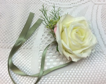 Elegant, Beautiful Wrist Corsage, Accessory for Bride, Beach Wedding, Bridesmaids, Wedding, Mother, Grandmother, White Rose, Ribbons  (WC32)