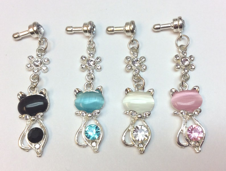 DP 27-30 Blue Adorable Cell Phone Headphone Jack Dust Plug Jeweled Hanging Cat Design in Black White /& Pink with Rhinestone Accents