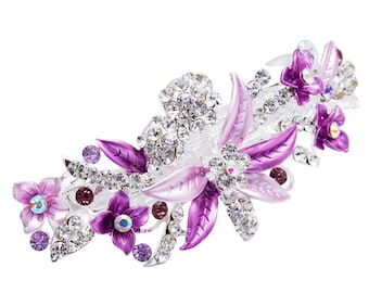Enamel Flower Hair Barrette, Rhinestone Jewel, Silver Tone.  Check listing for additional colors, styles and designs.