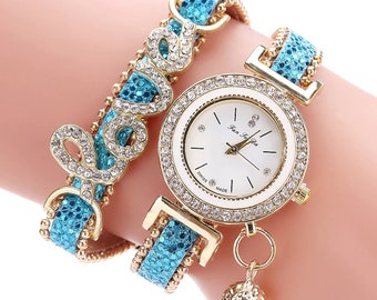 Elegant Wrist Watch, Beautiful Double Bracelet Unique LOVE Style in Color and Crystal Rhinestone Designs, 6 Colors, Quartz (W 44-49)