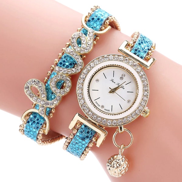 Elegant Wrist Watch, Beautiful Double Bracelet Unique LOVE Style in Color and Crystal Rhinestone Designs, 6 Colors, Quartz (W 44-49)