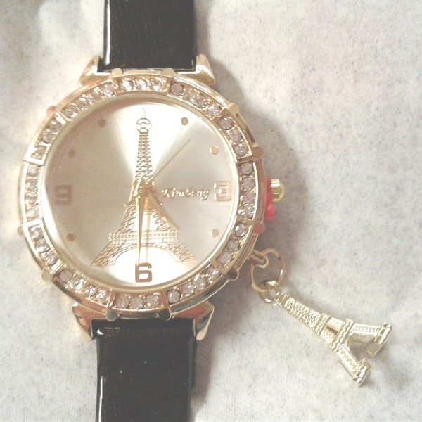 Elegant Wrist Watch, Eiffel Tower Pendant & Clock Face, Rhinestone Accents, Quartz (W3)