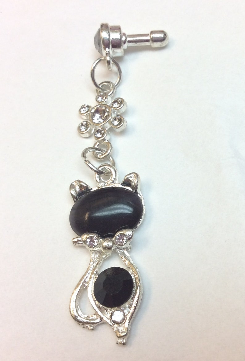 DP 27-30 Blue Adorable Cell Phone Headphone Jack Dust Plug Jeweled Hanging Cat Design in Black White /& Pink with Rhinestone Accents