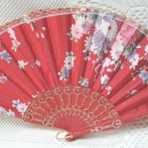 Elegant, Beautiful Design Hand Fan, Hand Held Fan, Spanish Style Fans, Floral Design on a Red Background, Gold Lace (Fan57 AB)