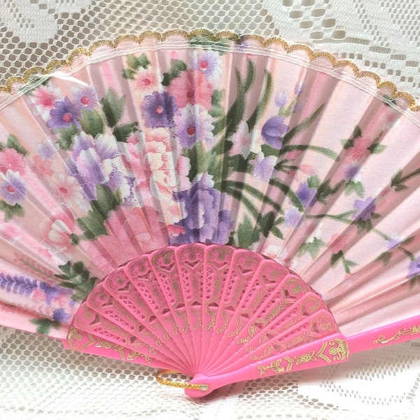 Elegant, Beautiful Design Hand Fan, Hand Held Fan, Spanish Style Fans, Floral Design on a Pink Background, Gold Lace (Fan 59 C E F G)