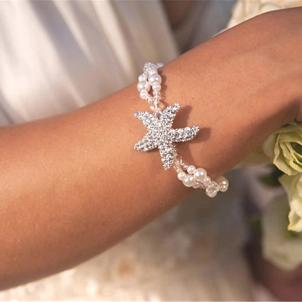 Elegant, Beautiful Starfish Bracelet, Accessory for Bride, Bridesmaids, Wedding, Mother, Grandmother,, Pearl, Stretch Style (BL 25)