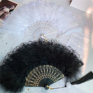 Elegant, Beautiful Feather Design Hand Fan, Wedding, Bride, Dance,  Black and White Feather Colors with Lace Background (Fan 224 - 225)