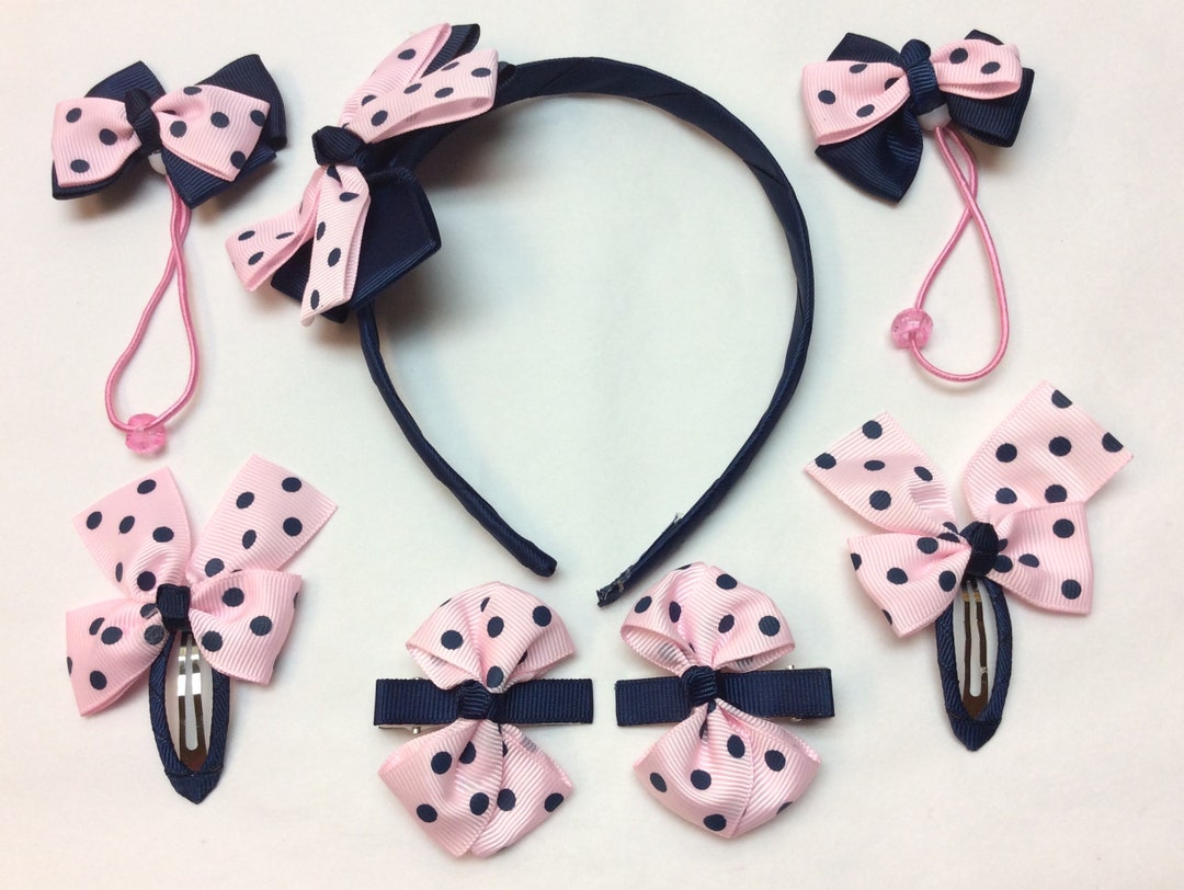 Adorable Little Girls Hair Accessory Bows, 7 Piece Sets in Colorful Patterns, Hair Band, Clips