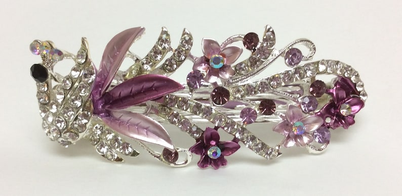 Elegant, Beautiful Hair Barrette, Bride, Bridesmaid, Wedding, Mother, 5 Color Choice, Enamel Jewel Peacock, Rhinestone Accents Bar 75-87 Purple