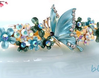 Enamel Flower Butterfly Hair Barrette, Rhinestone Accent.  Check listing for additional colors, styles and designs.