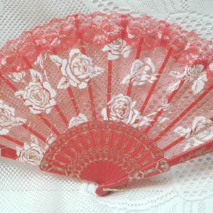 Elegant, Beautiful Design Hand Fan, Hand Held Fan, Spanish Style Fan, Roses Design on Color Lace, Gold Accents, 10 Colors (Fan , 65-69)