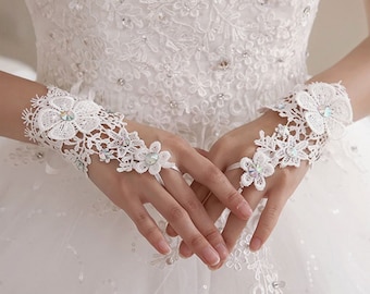 Lace Bridal Gloves, Rhinestone Sequin Accents, Ivory Wedding Gloves.  Ceck listing for additional colors, styles and dsigns.