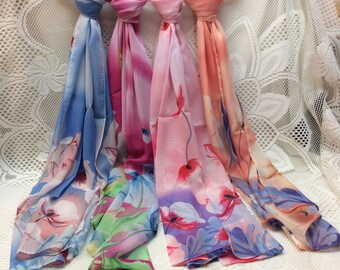 Floral Chiffon Scarf, Soft Colorful Print, 60"x20"..  Check listing for additional colors, styles and designs.