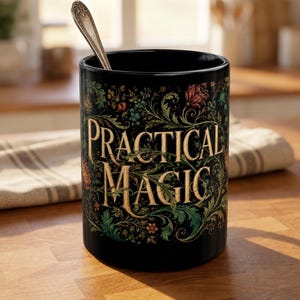 Practical Magic Mug | Black Floral Coffee Mug | Botanical Witchy Mug | Practical Magic Gift