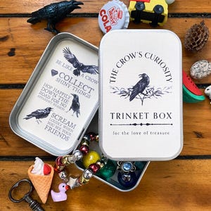 Puede incluir: Una colecci&oacute;n de peque&ntilde;as baratijas, que incluyen una figura de cuervo negro, un cami&oacute;n de juguete, una tapa de botella y una caja de baratijas con el texto "The Crow's Curiosity". La caja est&aacute; abierta, revelando una pulsera y otros objetos peque&ntilde;os.