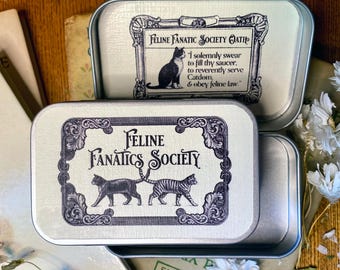 Fill Your Own- Feline Fanatics Society Pocket Tin - Altoid-style Hinged Trinket Box for Cat Lovers