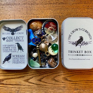 Oryginalne pudełko na drobiazgi Crow's Curiosity Trinket Box z kolekcją skarbów - puszka niespodzianka ze znalezionymi przedmiotami, osobliwościami i błyszczącymi rzeczami - wyjątkowy prezent