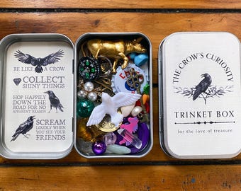 The Original Crow's Curiosity Trinket Box with Treasure Collection - Surprise Tin with Found Objects, Oddities & Shiny Things -A Unique Gift