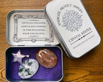 Daily Ritual Crystal Set – Sunstone, Moonstone & Quartz Star in Pocket Tin