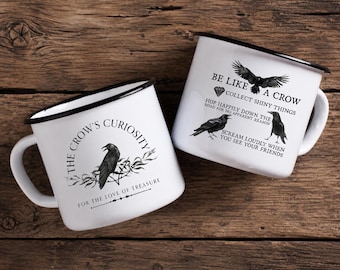 Taza de esmalte "La curiosidad del cuervo" / "Sé como un cuervo" - Taza vintage