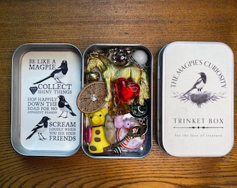 The Magpie's Curiosity Trinket Box with Treasure Collection - Surprise Tin with Found Objects, Oddities & Shiny Things -A Unique Gift