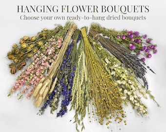 Hanging Flower Bouquets for a Romantic Old-World Aesthetic. Hang Dried Wildflower Bundles for Rustic Countryside Charm  in your Home Decor